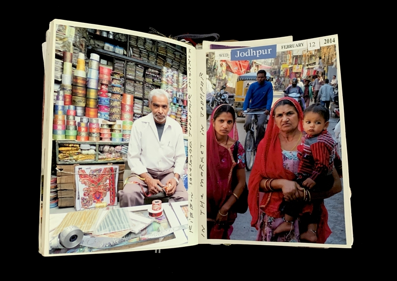 An open book with two photos; on the left, a man in a textile shop, and on the right, a street scene with women and child in traditional attire.