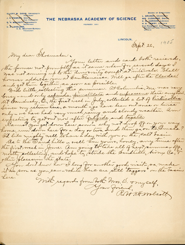 Handwritten letter, 1 page, from Robert H. Wolcott to Frank H. Shoemaker, "Your letter and card both received the former not promptly as it came when for several days I was not coming up to the University except at..."