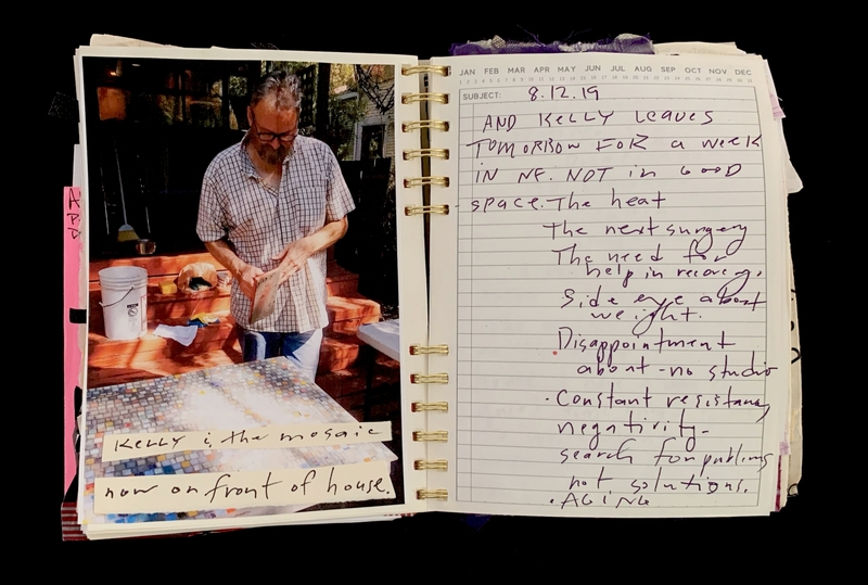 A journal entry dated August 12, 2019, featuring a photograph of a man working on a mosaic and handwritten reflections on various personal and emotional issues.