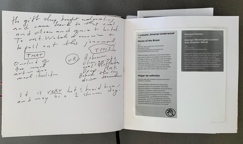 A journal page with handwritten notes and two informational panels about artists.