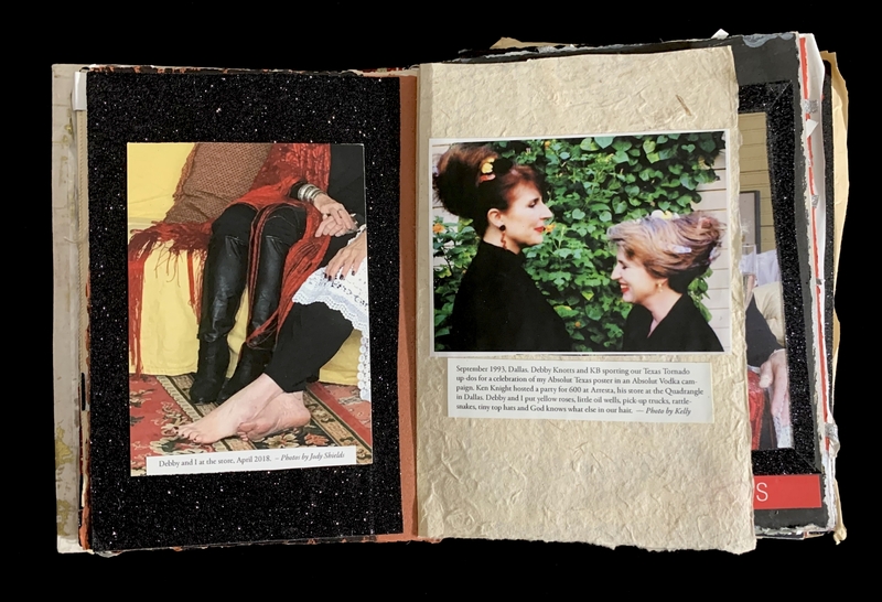 Open scrapbook with photos of individuals seated indoors and outdoors, with text underneath.
