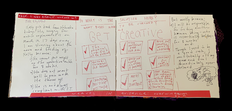 A handwritten journal entry detailing concerns and solutions for a patient's care, dated February 22, 2020.