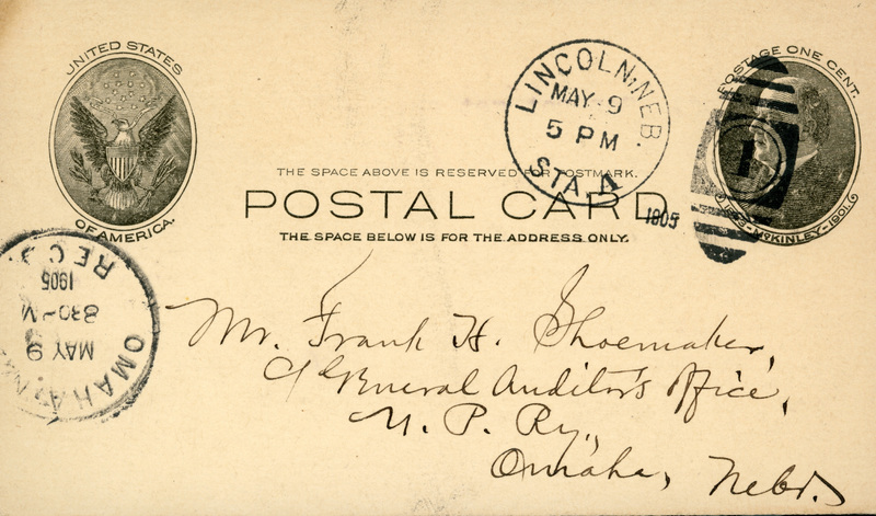Handwritten postcard from Robert H. Wolcott to Frank H. Shoemaker, "Will you please bring down a half dozen splendid with copying..."