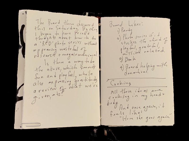 Open notebook with handwritten notes on board decisions and ideas.