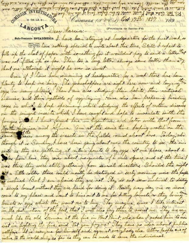 Handwritten 2 page letter from Lawrence Bruner to Marcia Bruner, "I have been staying at headquarters for the past week, so have nothing special to write about this time..."