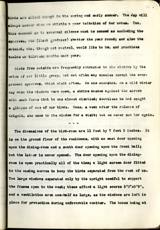 Frank H. Shoemaker typescript, 23 pages, on the bird-room in Omaha home