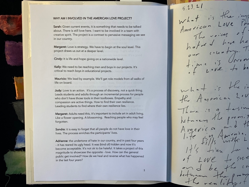 Open journal with typed text about involvement in a project on the left and handwritten text dated "5.23.21" on the right.
