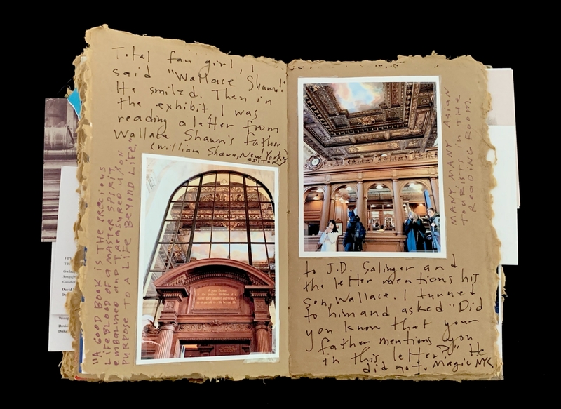 An open scrapbook featuring a library entrance and a decorative reading room with handwritten notes.
