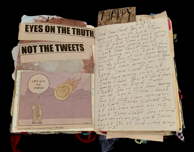 A collage of a comic strip and handwritten text, juxtaposing "Eyes on the Truth, Not the Tweets" with repetitive religious phrases.