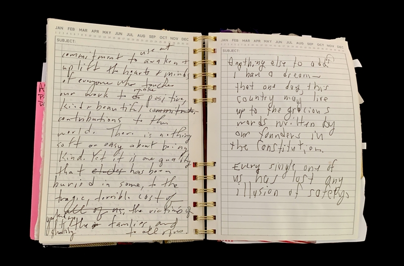 A handwritten notebook page with entries discussing kindness and the Constitution.