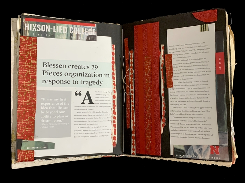 Open book displaying an article about the 29 Pieces organization with red and patterned design elements.