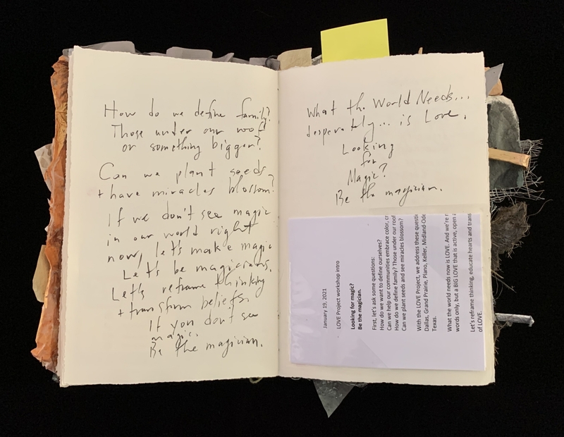 A handwritten journal entry discussing the concept of family, magic, and the need for love, with a note about the "Love Project" workshop.