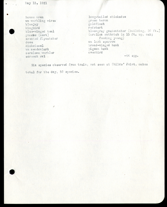 Frank H. Shoemaker typescript, 2 pages, list of birds seen from train, Lincoln, Omaha, Nebraska.