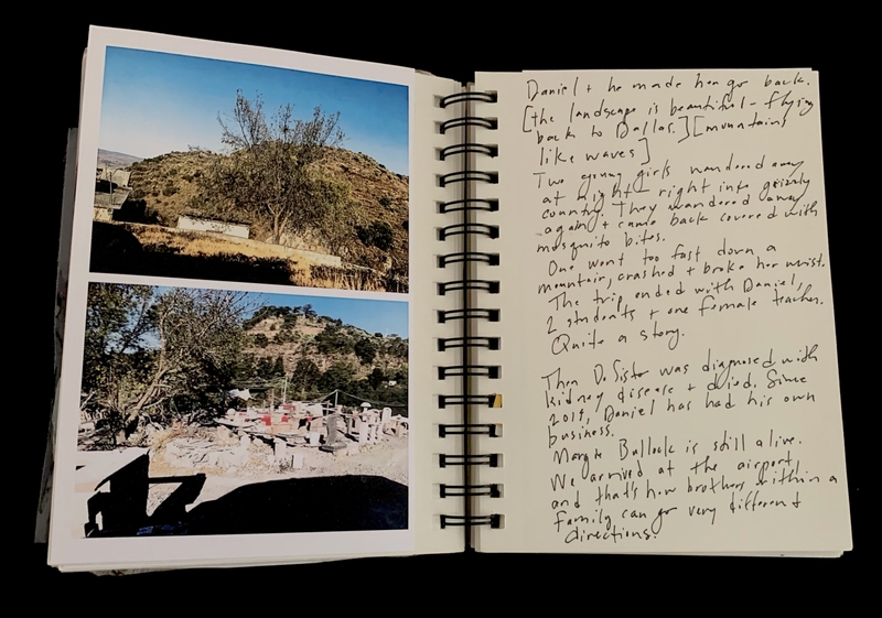 A handwritten page in a spiral notebook with two Polaroid-style photographs and accompanying notes.
