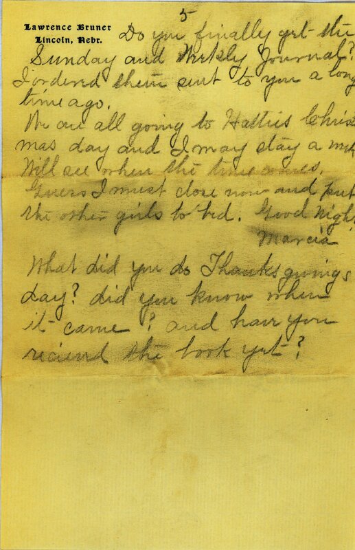 Handwritten 5 page letter from Marcia Bruner to Lawrence Bruner, "I will try to write a few lines today..."