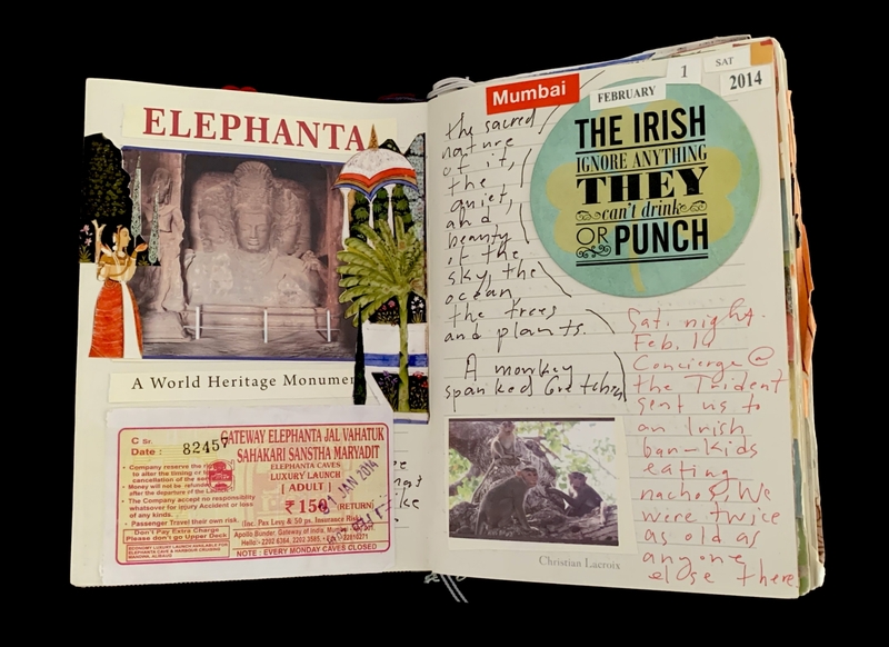 An open journal showing a collage of Elephanta Caves and a page with handwritten notes.