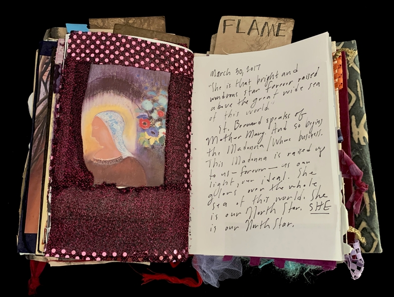 A journal page featuring a painted Madonna with a floral bouquet, surrounded by handwritten text and decorative elements.