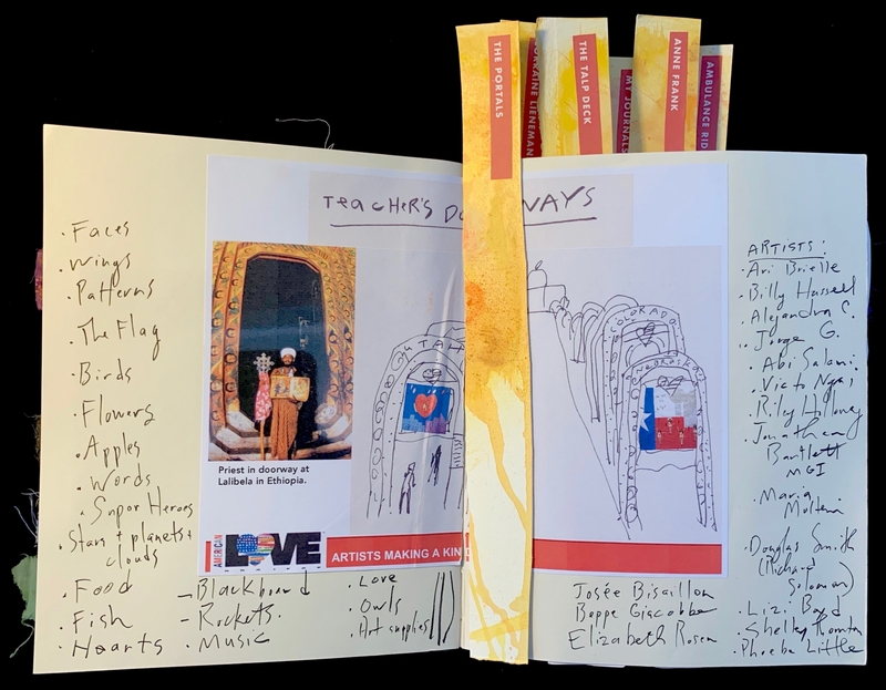 Open journal with handwritten notes, a photo of a priest, and a sketch of arches.