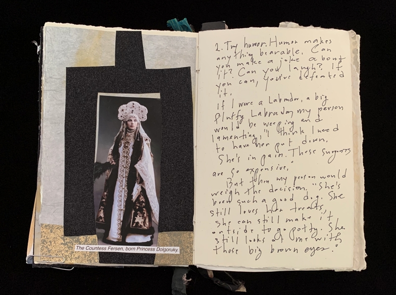 An open book with a photograph of a woman in traditional attire on the left page and handwritten text on the right page.