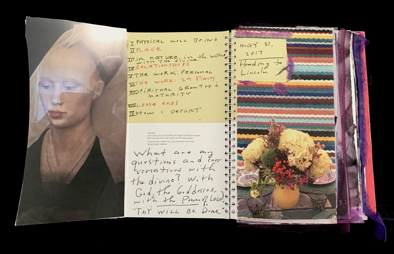 A journal page featuring a photograph of a woman, a list of topics, and a note about heading to Lincoln.