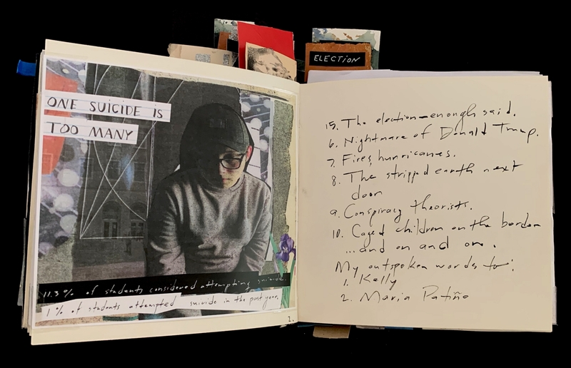 Open book with collage and handwritten text on visible pages.