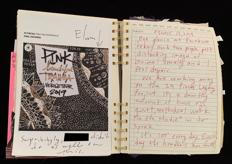 A journal entry from August 12, 2019, discussing the "29 Pieces: Pink Fan Experience" and reflecting on the "Beautiful Trauma World Tour 2019."