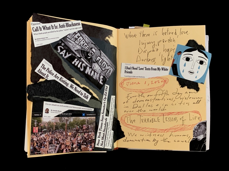 A collage of newspaper clippings and handwritten notes related to social justice and anti-racism movements.