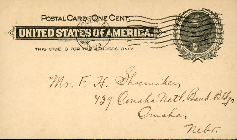 Handwritten postcard from Robert H. Wolcott to Frank H. Shoemaker, "I give you the ames of those I think would be best officers: Pres. Frank H. Shoemaker; Vice-Pres, Miss Caldwell;..."