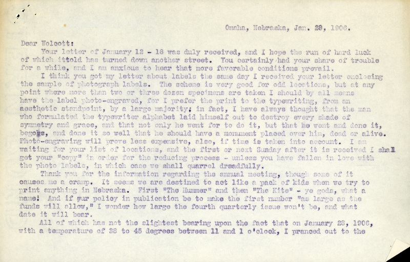 Typewritten letter, 2 pages, from Frank H. Shoemaker to Robert H. Wolcott, "Your letter of January 12-18 was duly received, and I hope the run of hard luck of which it told has turned down another street."