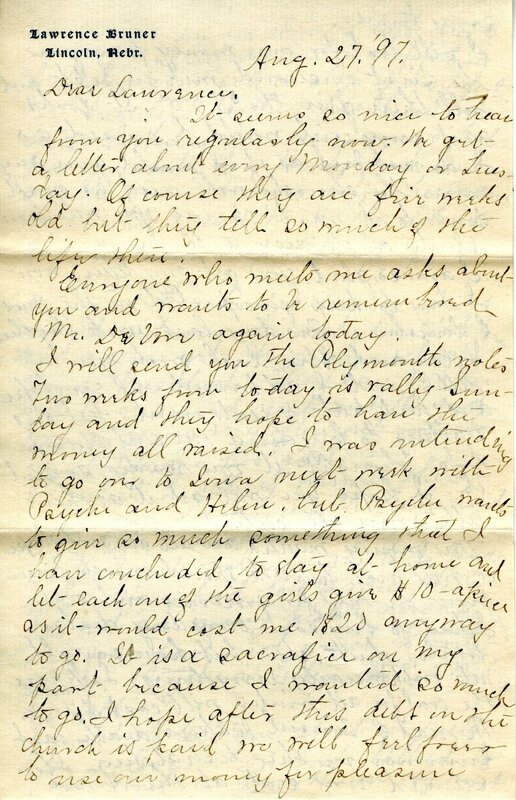 Handwritten 6 page letter from Marcia Bruner to Lawrence Bruner, "It seems so nice to hear from you..."