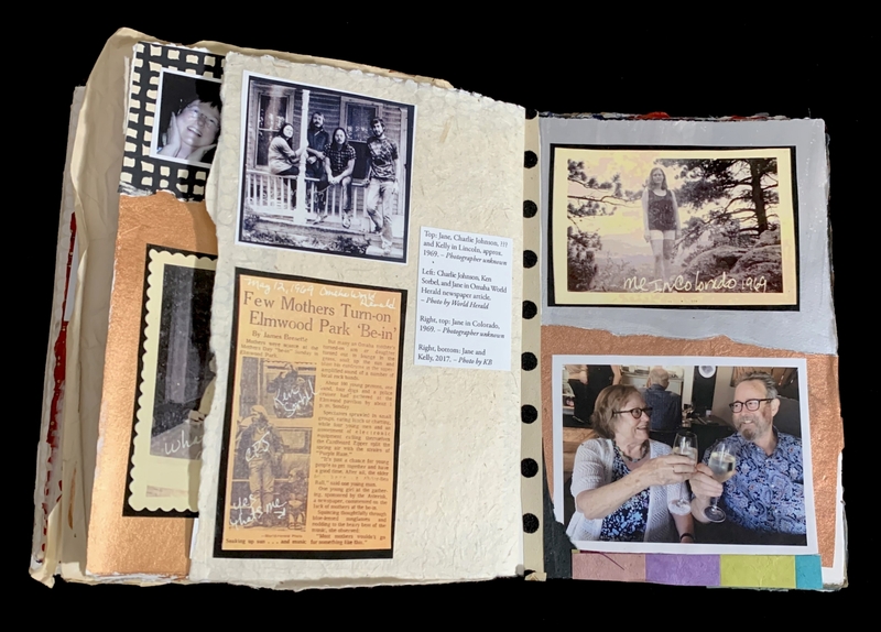 An open scrapbook with vintage photos, a newspaper clipping, and a photo of an older couple.
