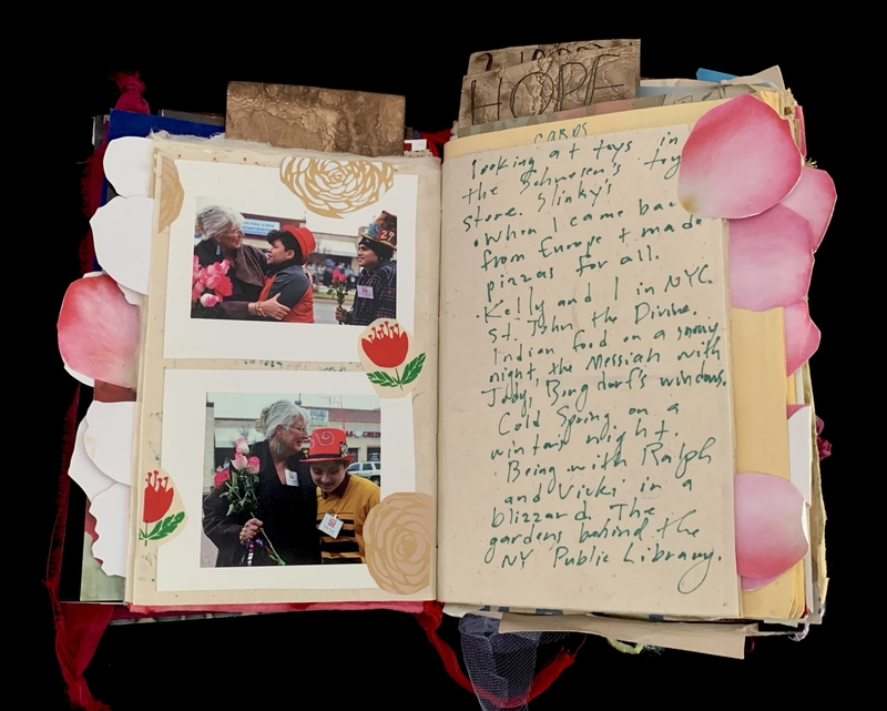 A scrapbook page featuring handwritten notes, photographs, and decorative elements.