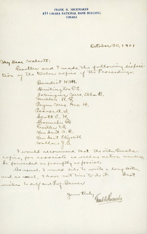 Typewritten letter, 1 page, from Frank H. Shoemaker to Robert H. Wolcott, "I.S. I.S. [Isador] Trostler and I made the following disfosition(?) of the twelve copies of the Proceedings:..."