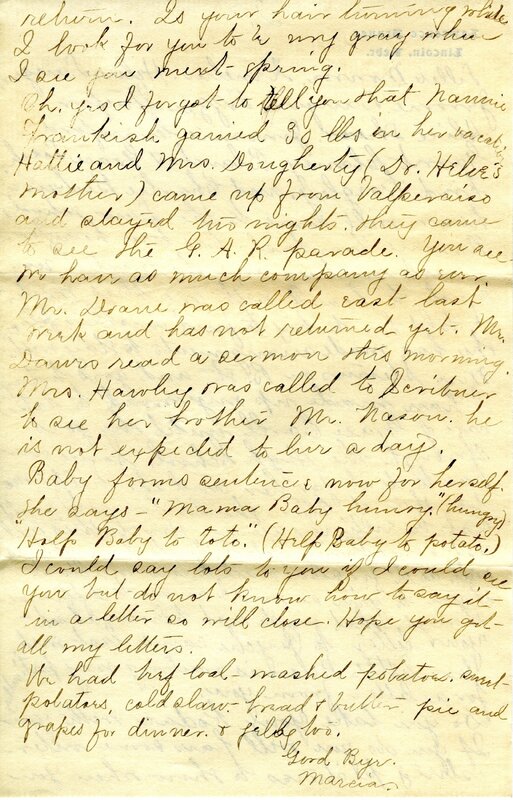 Handwritten 4 page letter from Marcia Bruner to Lawrence Bruner, "I will send you more clippings from the papers…"