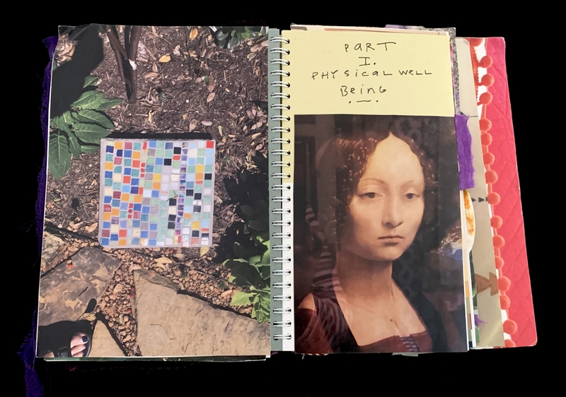 A collage page featuring a mosaic, a photograph of a person, and a handwritten note titled "Part I. Physical Well Being."
