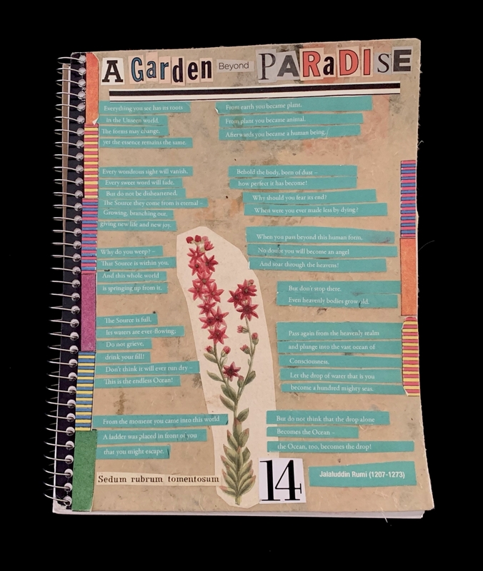 A mixed-media page from a notebook featuring a floral illustration and a poem by Jalaluddin Rumi.