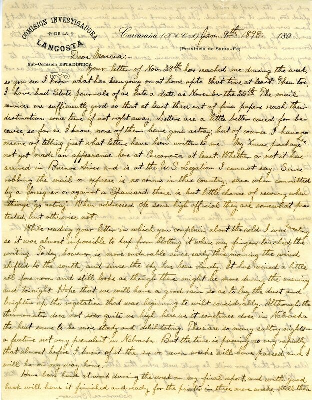 Handwritten 2 page letter from Lawrence Bruner to Marcia Bruner, "Your letter of Nov. 28th has reached me during…"