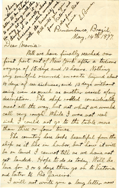 Handwritten 2 page letter from Lawrence Bruner to Marcia Bruner, "Well we have finally reached our first port out of New York after a tedious voyage..."