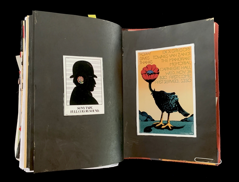 A collection of vintage album covers and promotional materials, featuring a silhouette of a person with a flower in their hair and a poster for a Carnegie Hall event.