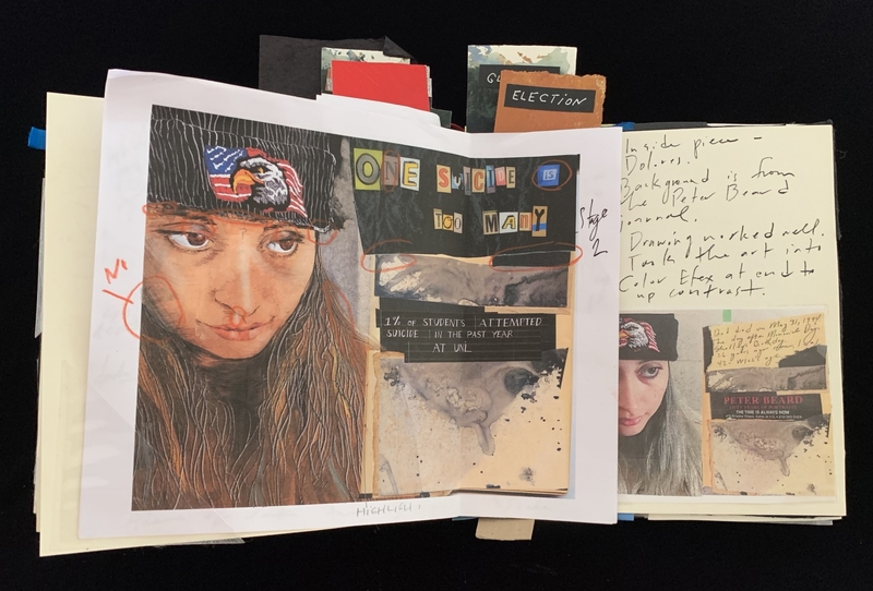 A collage artwork featuring an illustrated person wearing a beanie, text saying "ONE SUICIDE IS TOO MANY," and handwritten notes.