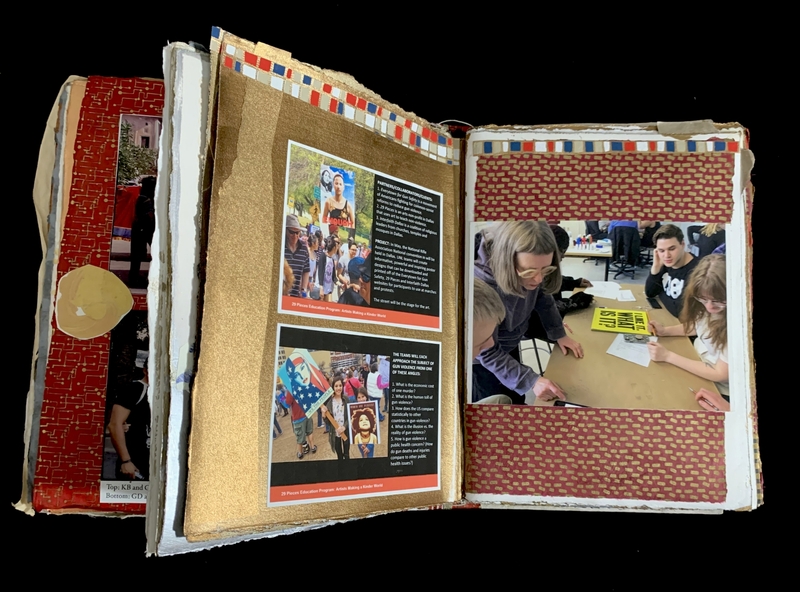 An open book with collaged pages featuring photographs, text, and decorative elements.