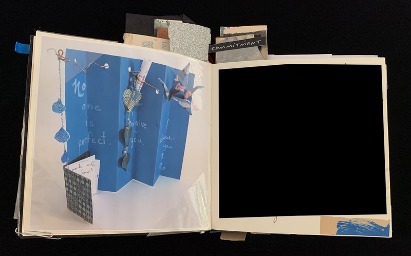 An open book with a page showing a blue paper art piece with hanging elements and text. The facing page is blacked out, with labeled tabs above.