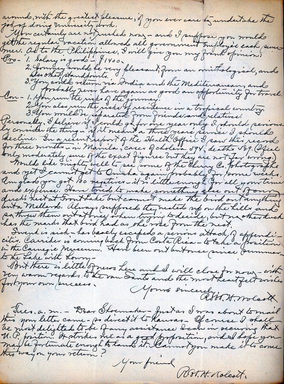 Handwritten letter, 2 pages, from Robert H. Wolcott to Frank H. Shoemaker, "Yours of the 28th came promptly but I have been so busy could ot get a chance to write a word. I began one letter on the first day of October to another person, was interrupted, and in spite of all I could do, I sat down to finish it just seven days later."