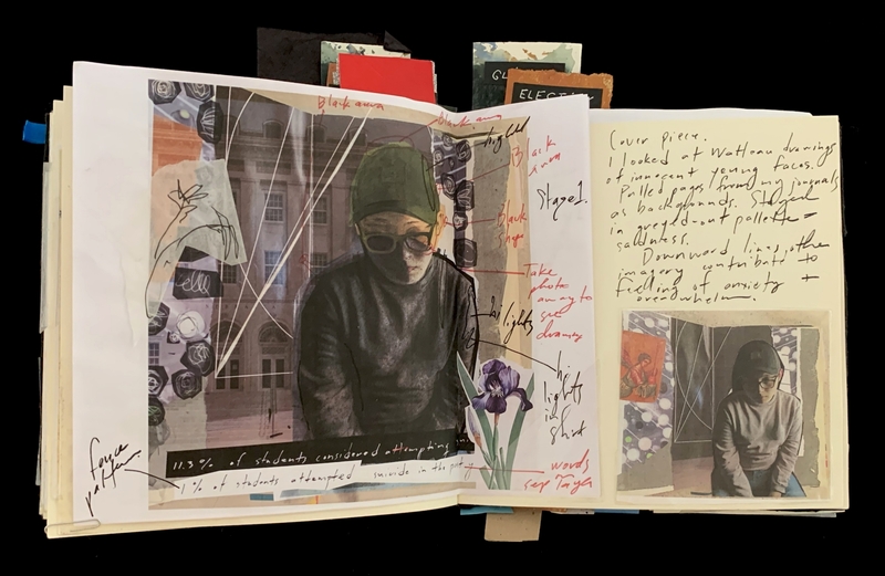Open notebook with a collage and handwritten notes; includes an image of a person in sunglasses and cap, with abstract overlays and annotations.
