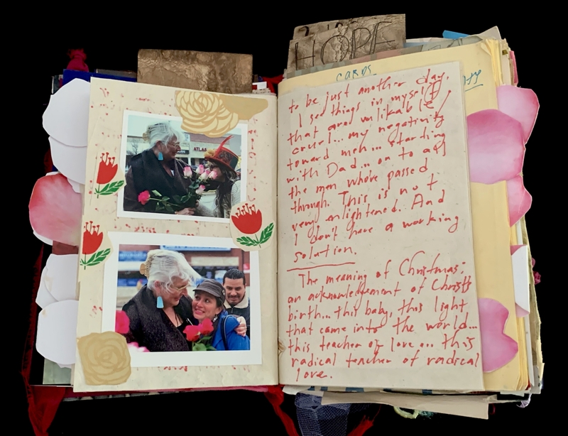 A scrapbook page featuring personal photographs, handwritten notes, and decorative elements.
