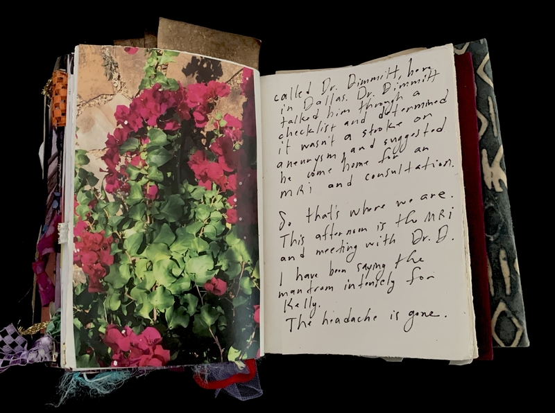 A scrapbook page featuring a photograph of red flowers and green foliage on the left, with handwritten text on the right.