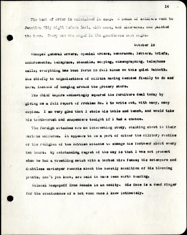Frank H. Shoemaker typescript, 28 pages, titled "At Fort Riley, Kansas" on activities at Fort Riley between Oct. 12-29, 1903.