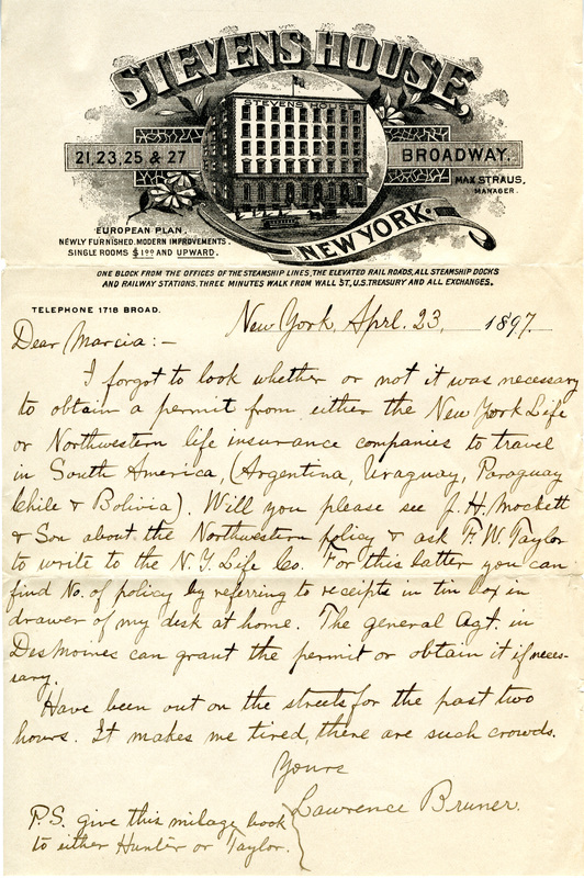 Handwritten 1 page letter from Lawrence Bruner to Marcia Bruner, "I forgot to look whether or not it was necessary..."