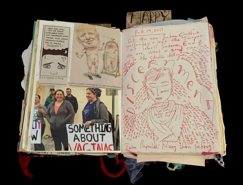 A collage of images and handwritten notes, featuring political commentary and personal reflections.