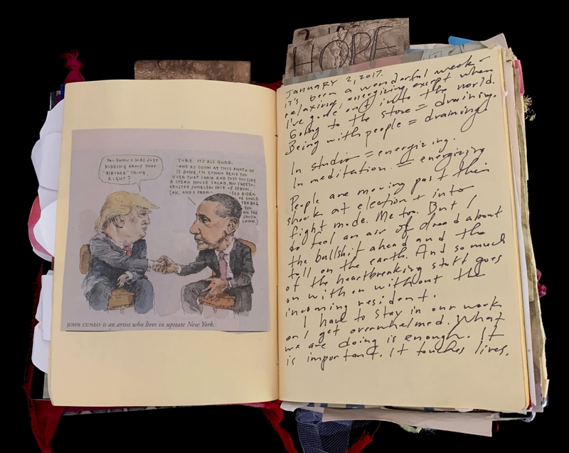 A journal page featuring a political cartoon and handwritten reflections.